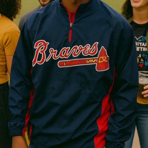 Atlanta Braves Men’s Large Authentic MLB Windbreaker Navy & Red Pullover - Picture 1 of 7